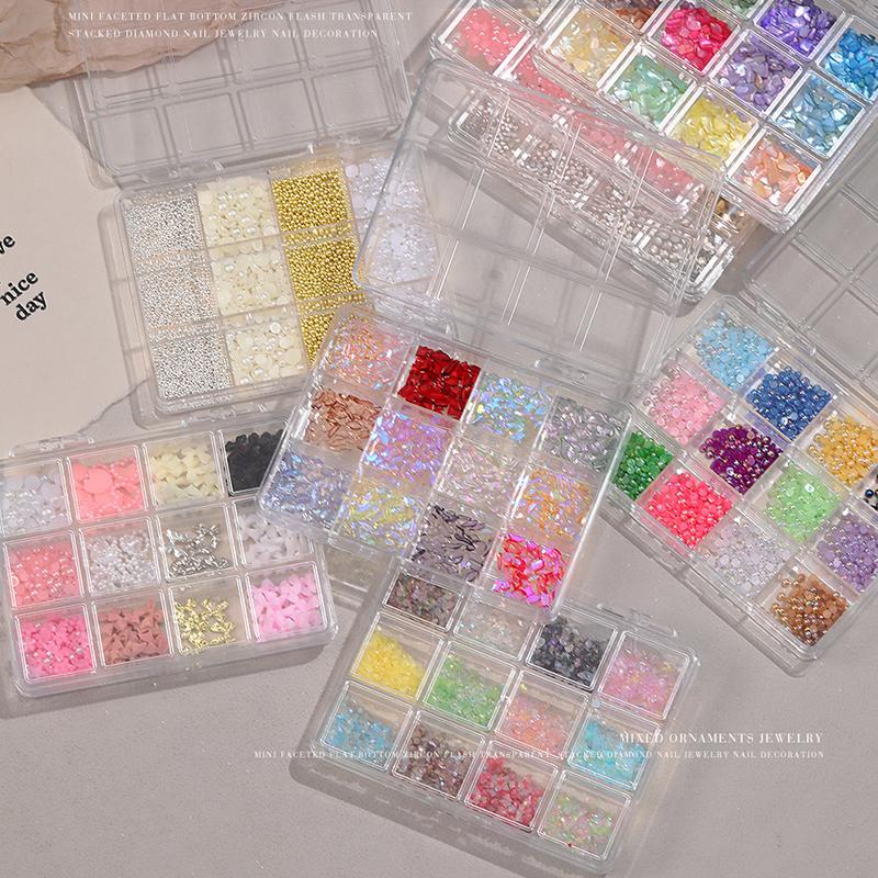 12 Grids 3D Nails Charms Mixed Special-Shaped Diamonds Flat Bottom Diamonds Pearl Sequins Butterfly Diy Manicure Parts