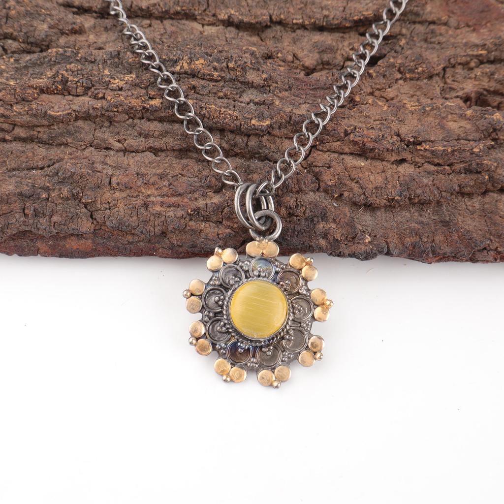 Yellow Cat's Eye 925 Sterling Silver Pendant, Handmade Gorgeous Silver Jewelry, Beautiful Cat's Eye Gemstone Jewelry For Gift