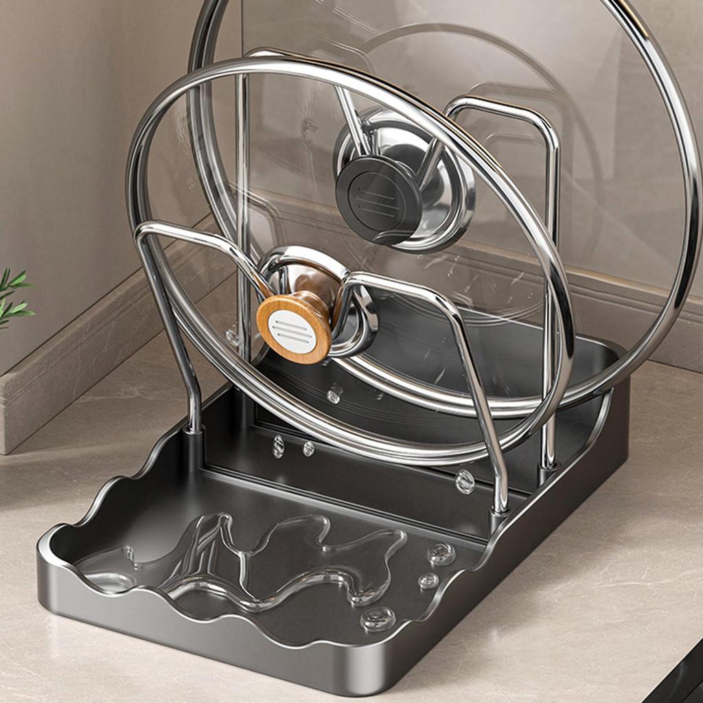 Pan Lid Organizer Vertical Spoon Rest with Drip Tray Stainless Pots Pans Lid Organizer for Kitchen Baking Cooking Pantry Counter