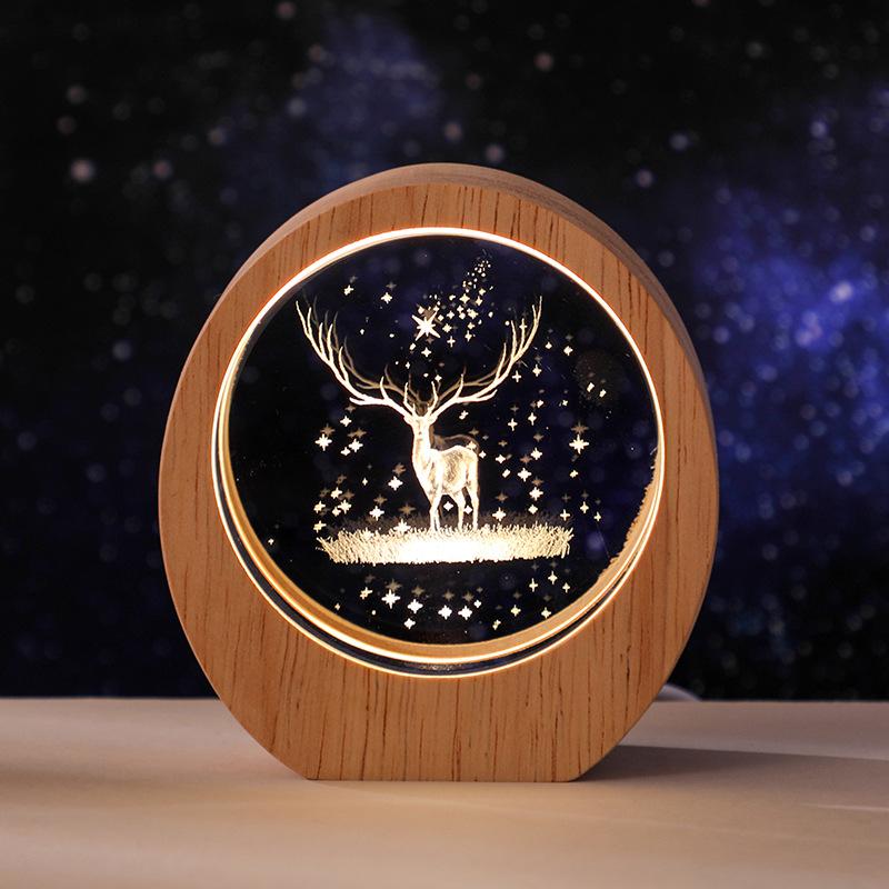 Planet Night Light 3D Inner Engraving Luminous Crystal Desktop Ornament Wooden Base