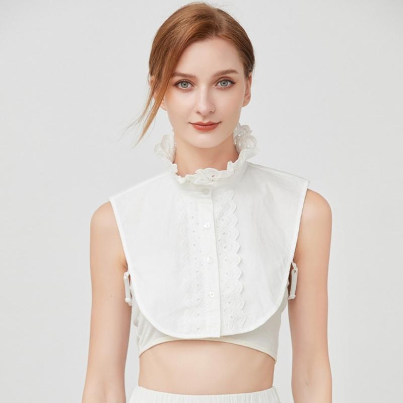 Womens Detachable Fake Collar White Blouses Half Shirt Elegant Ruffled Lace Patchwork French Style Neckwear Accessory
