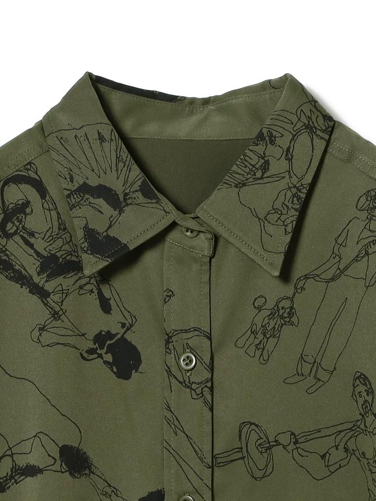 B:MING LIFE STORE by BEAMS Women's KHAKI S Large/Small Shirt/Blouse with Naoto Kitamura Print (Sizes S-M)