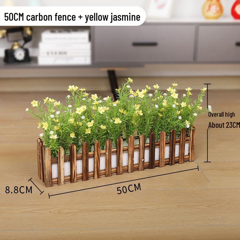 Silk Flower Pot with Wood Fence: Decorative Bonsai for Living Room or Office.