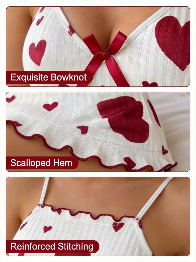 European & American Style Heart Print Nightgown for Women - Pure Desire Ribbed Lace-up Design, Sweet 2026 New Short Skirt Pajamas