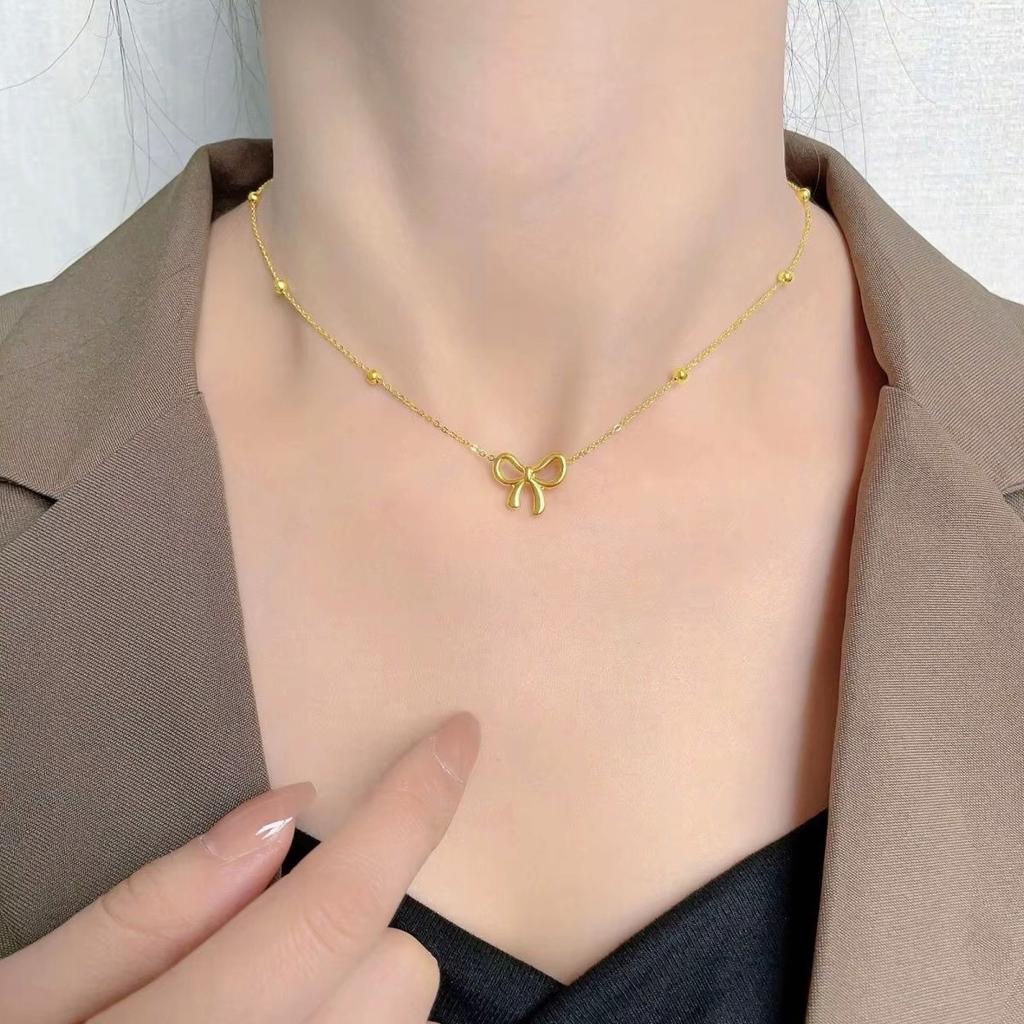 Women's Set Gold Necklace Bracelet Bows Elegant Gift