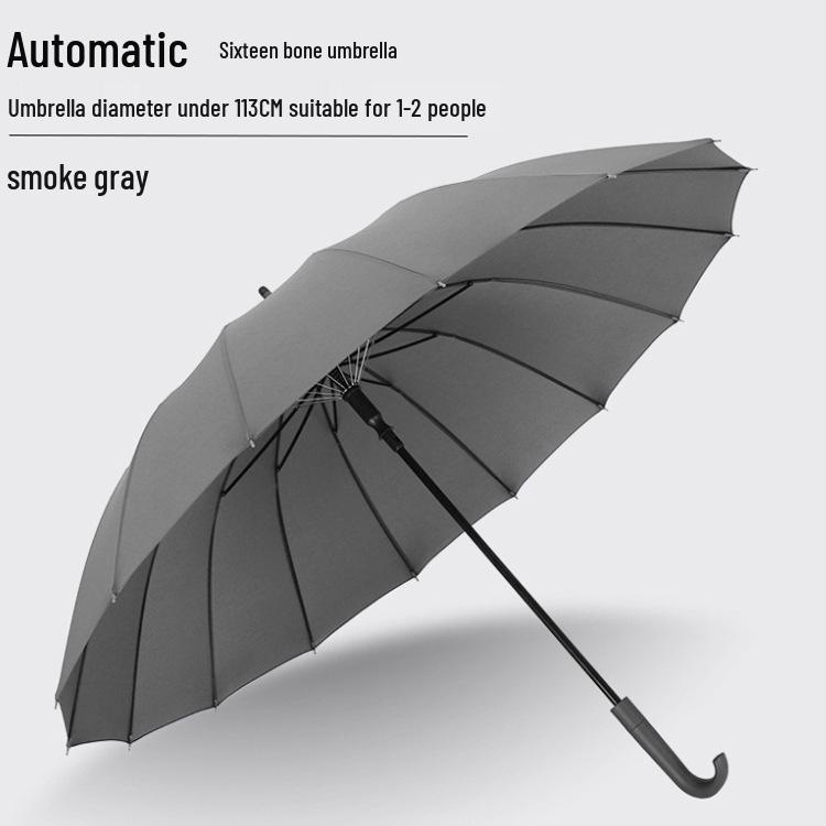 Windproof 16-Rib Large Solid Color Automatic Open Umbrella with Long Handle
