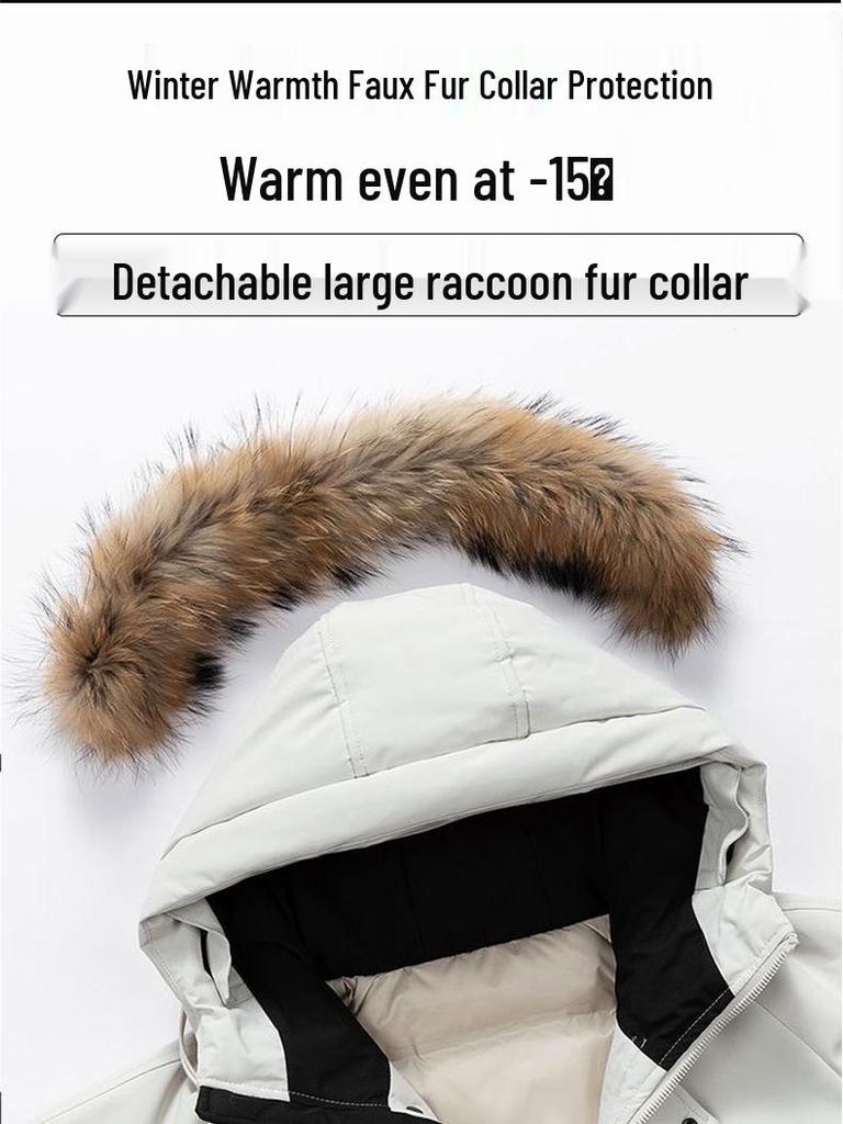 Men's Unisex Windproof Winter Workwear Down Jacket with Warm Hood & Large Fur Collar