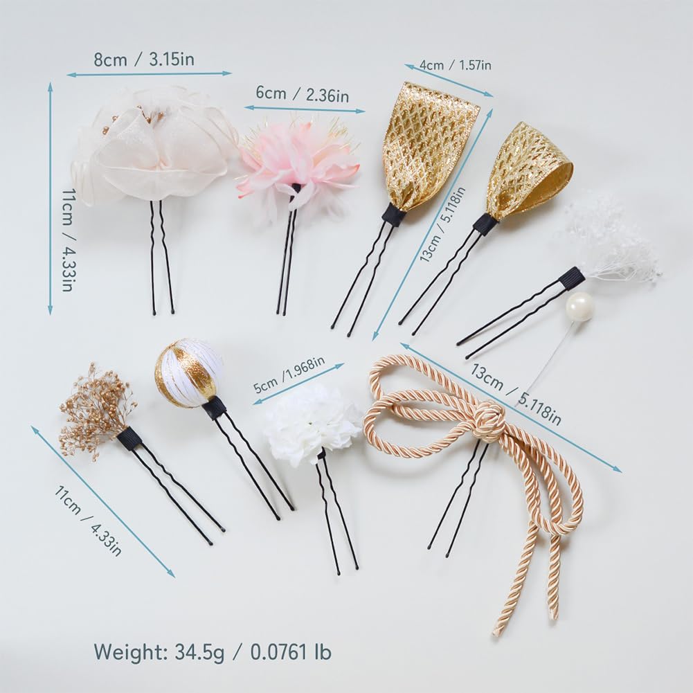 FASELE Japanese-style Hair Ornament Set (10 Pieces) - Artificial Flowers, Hairpins, U-pins, Ping Pong Chrysanthemums, Ribbons, Baby's Breath,