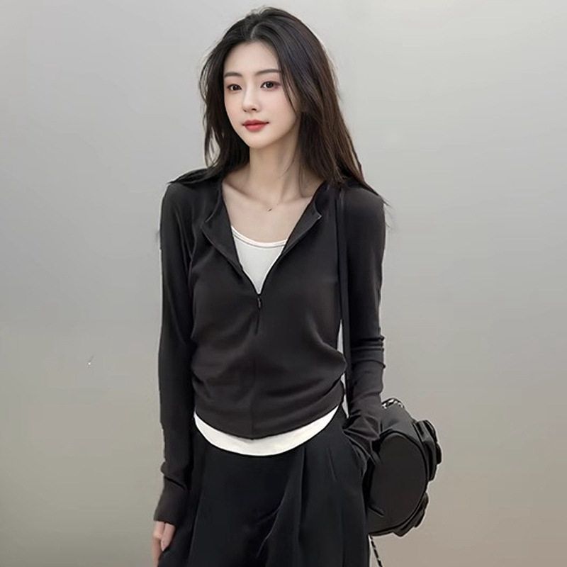 

2025 Autumn and Winter New Style Zipper Fake Two-Piece Long-Sleeved T-Shirt for Women with Niche Design and Casual Outerwear Top Dark gray S 40-47.5kg.