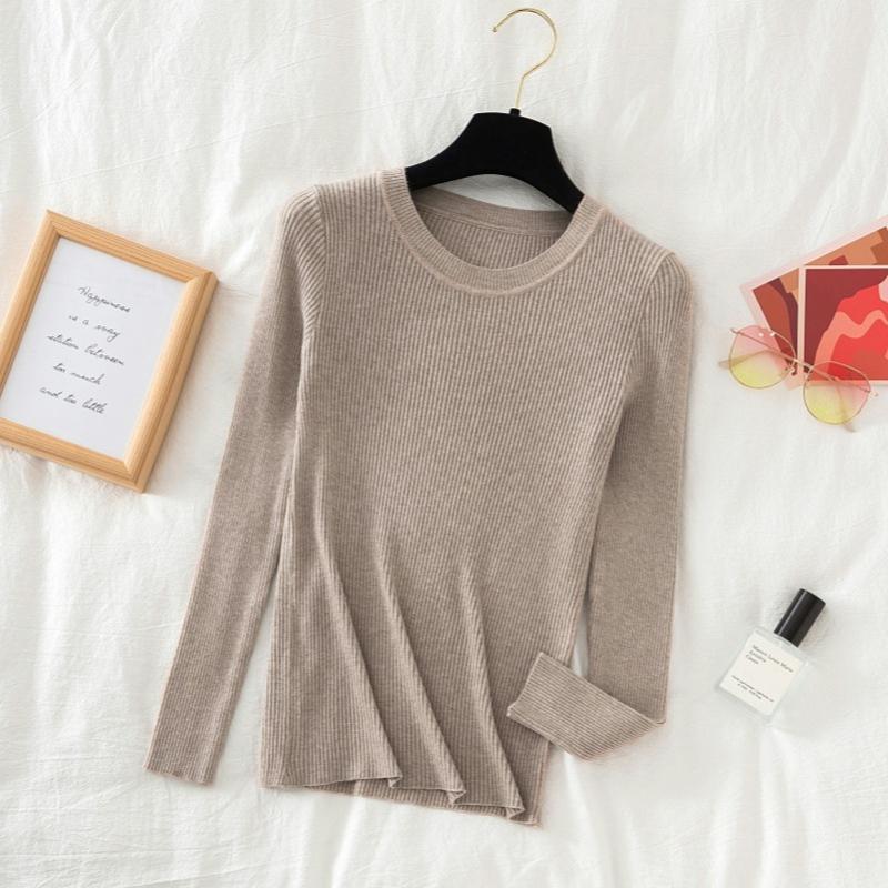 

Осенне-зимние однотонные пуловеры с круглым вырезом, женские свитера, модные вязаные свитера с длинным рукавом, женские повседневные облегающие джемперы, новые 25495 One Size