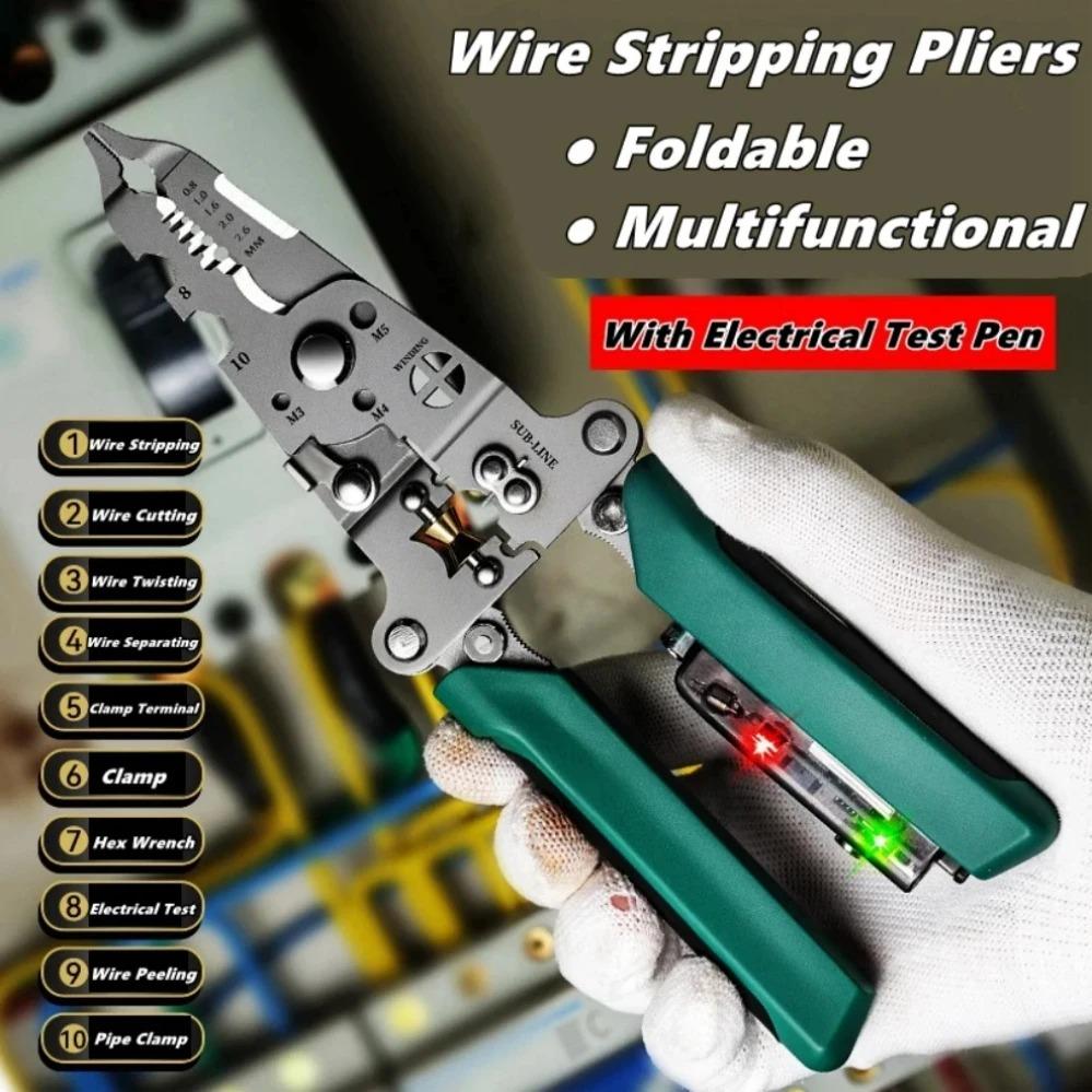 Multifunctional Wire Stripper with Electrical Test Pen Foldable Cable Cutter Crimper Tool, Electrical Folding Pliers for Cuttin.