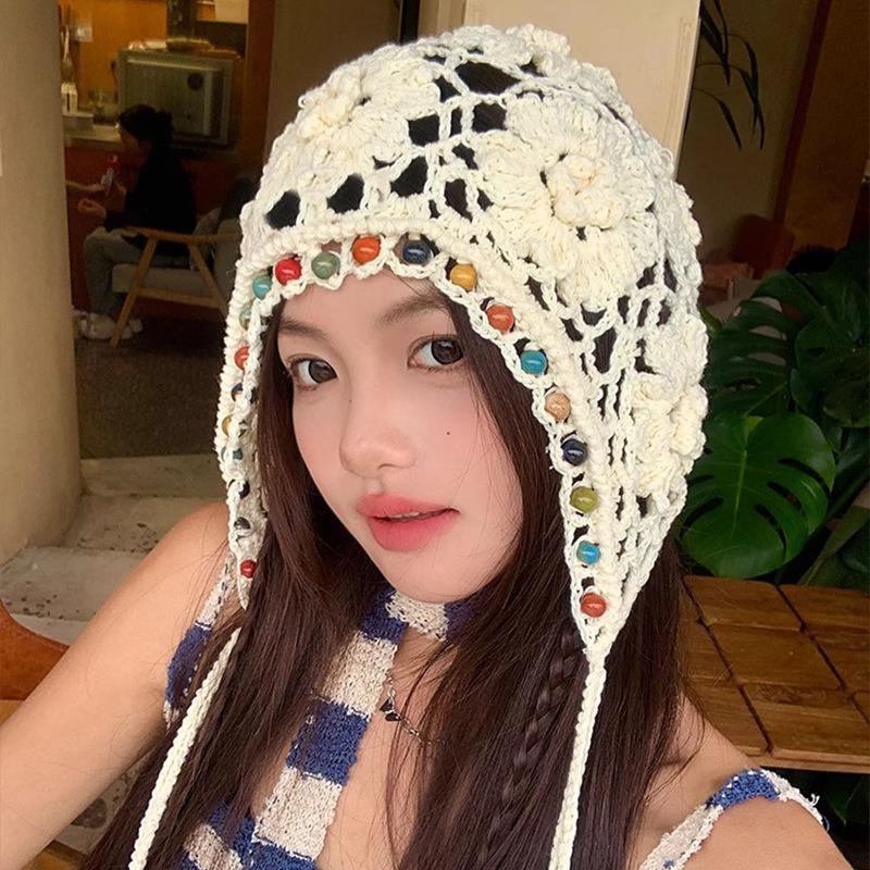 Women's Spring and Summer Retro Ethnic Style Hat Bohemian Flowers Tassel Bag Head Hat Hand Woven Hollow Bag Head Hat