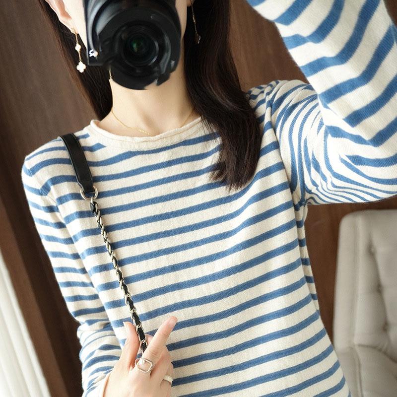 Women Cotton Sweater Curled O-neck Strip Pullover Autumn Winter Casual Knit Clothing Fashion Soft Bottoming Sweater Tops