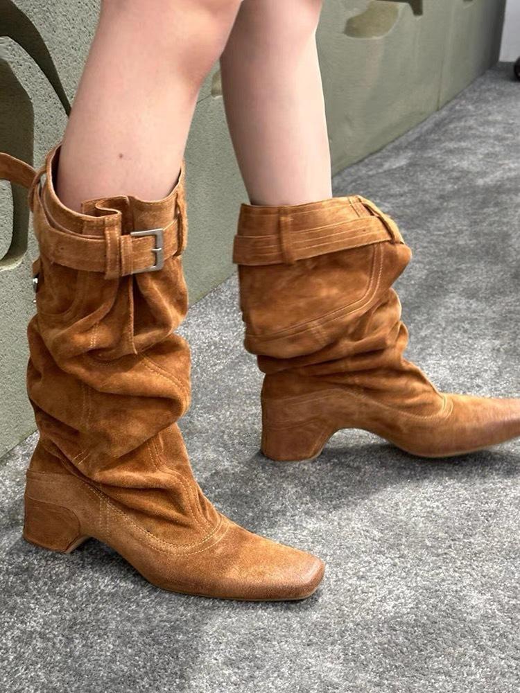 European and American velvet warm fluff pile western boots new retro big tube circumference knight boots