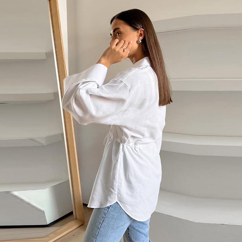 Bílá bavlněná šněrovací košile stahující pas Jednoduchá móda Dámské halenky Polo límeček Jednořadé Dlouhý rukáv Top Dojíždění HarajukuStyl Jaro Léto