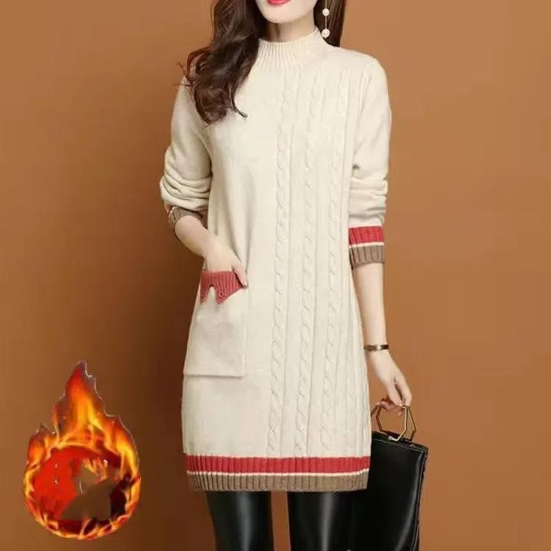 

Женские осенне-зимние новые толстые платья средней длины в корейском стиле с высоким воротником и карманами в стиле пэчворк на пуговицах с вязаным свитером XXL