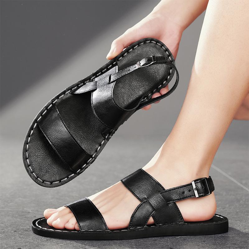 Men Slippers Handmade Simple Flats Summer Roman Sandals Retro Brown Leather Beach Shoes Plus Size