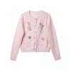 Women's Spring Pink Knit Cardigan with Floral Embroidery and Turn-down Collar
