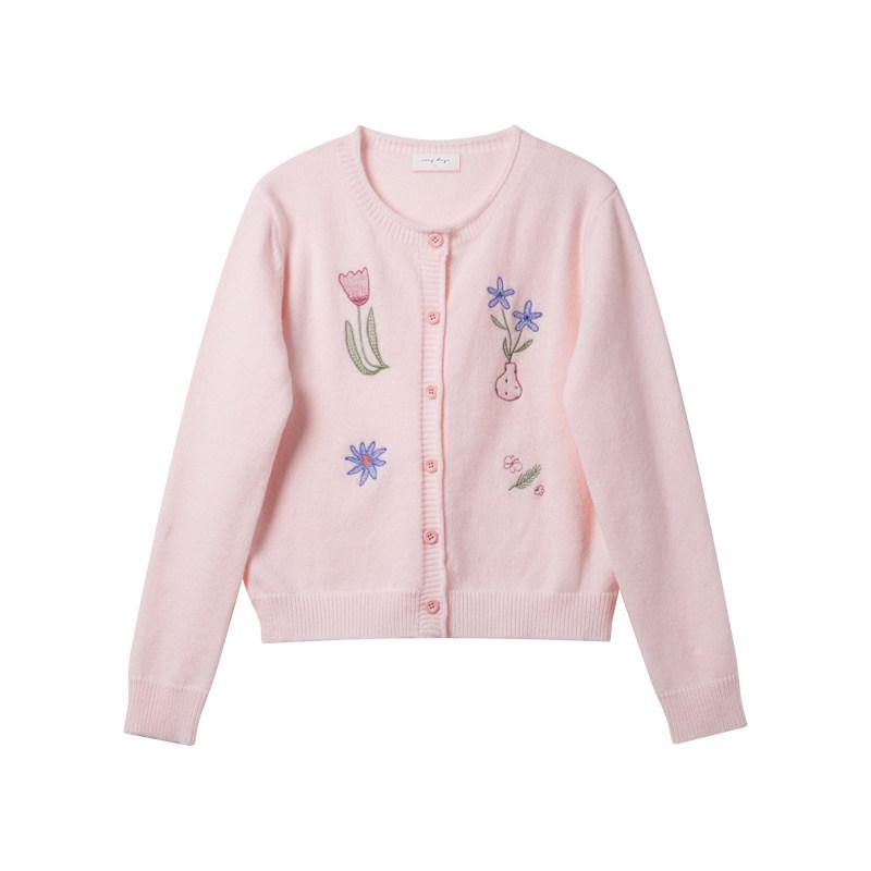 Women's Spring Pink Knit Cardigan with Floral Embroidery and Turn-down Collar