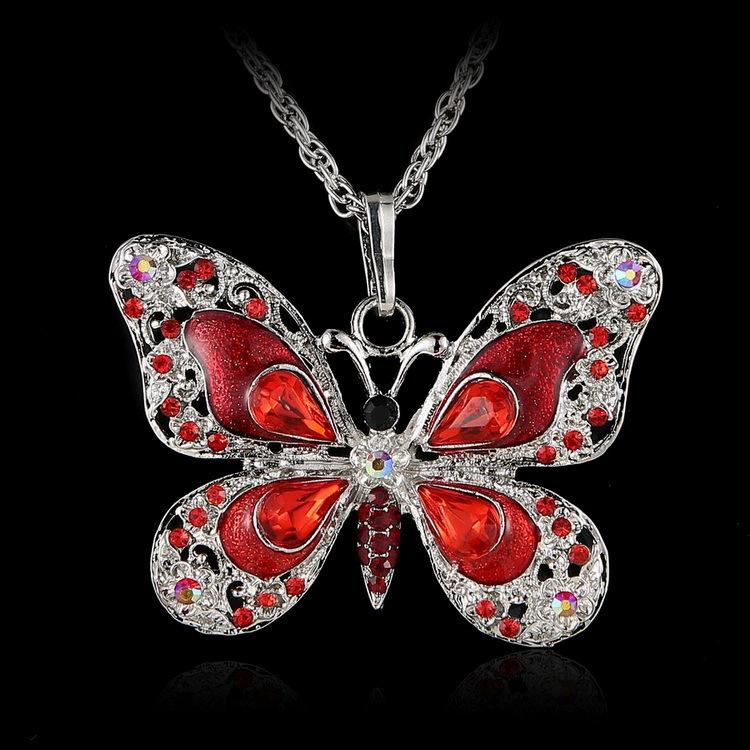 Vintage Enamel Butterfly Pendant Necklace Crystal Rhinestone Colorful Jewelry for Women