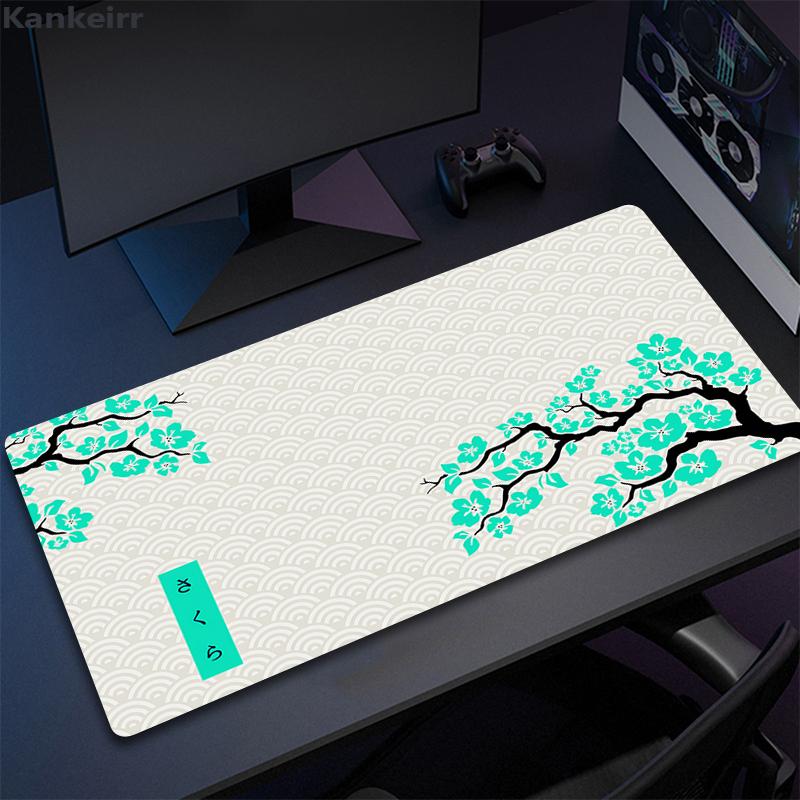 Grüne Kirschblüten Büro Teppich XXL 800x300 Mauspads für Computer Tastatur Laptop Gaming lang Großes Mauspads Weiße Mauspads