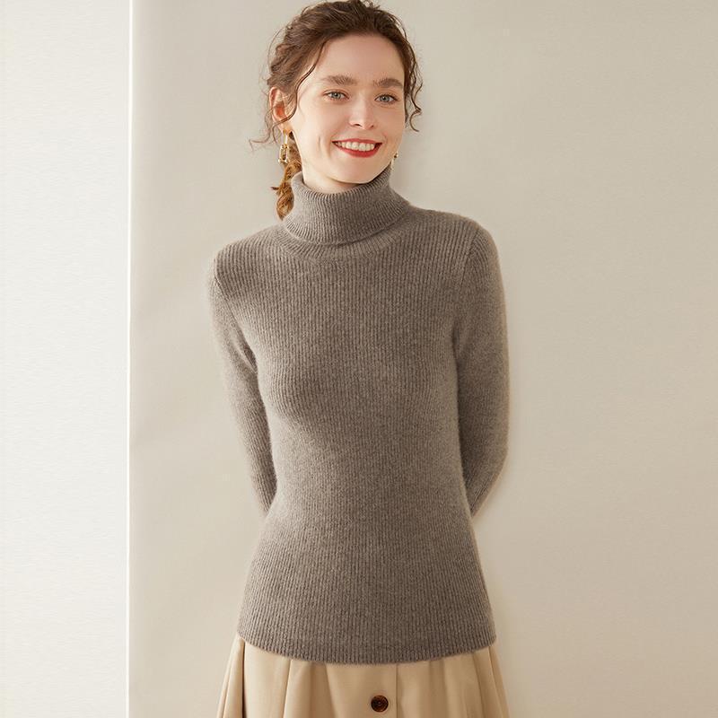 Women's High Neck Striped Cashmere Sweater - Slim-Fit Seven-Needle Knit for Autumn & Winter