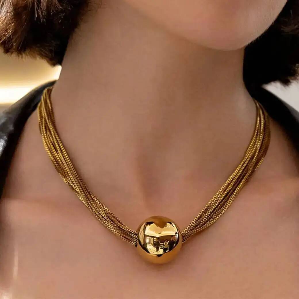 IngeSight.Z Unique Classic Stainless Steel 18K Gold Plated Choker Necklace Retro Multi-layer Round Ball Pendant Neck Accessories