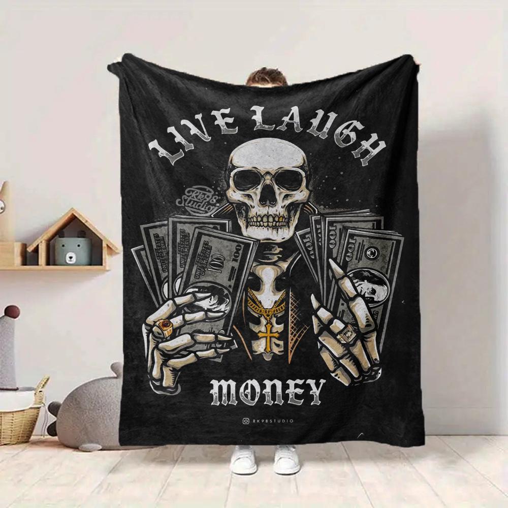 1Pc Skull Money Cards Blanket Soft And Comfortable Casual Warm Camping Travel Christmas Halloween Xmas Gift M924377