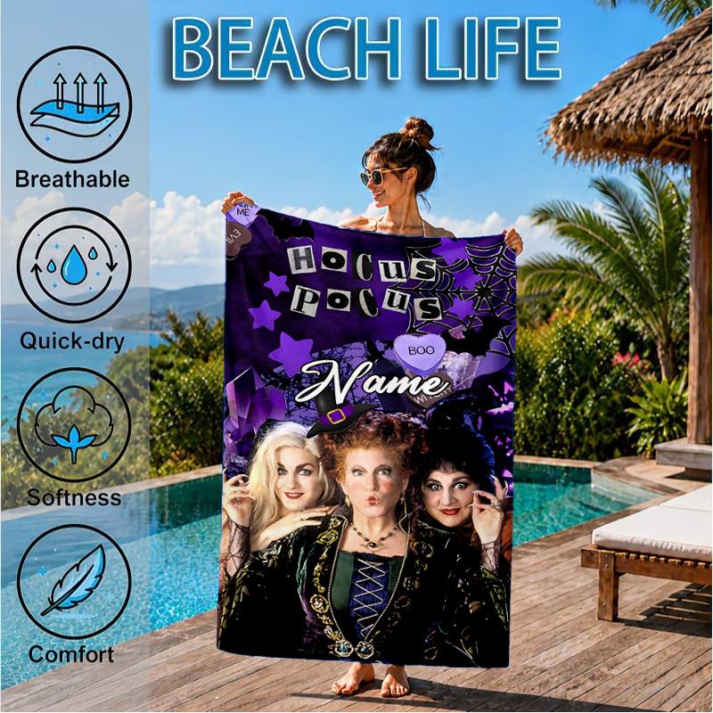 Custom Name Witches Collage Heart In Space Adventure Microfiber Beach Towel, Lightweight for Summer Travel, Swimming Pool Fan Gift