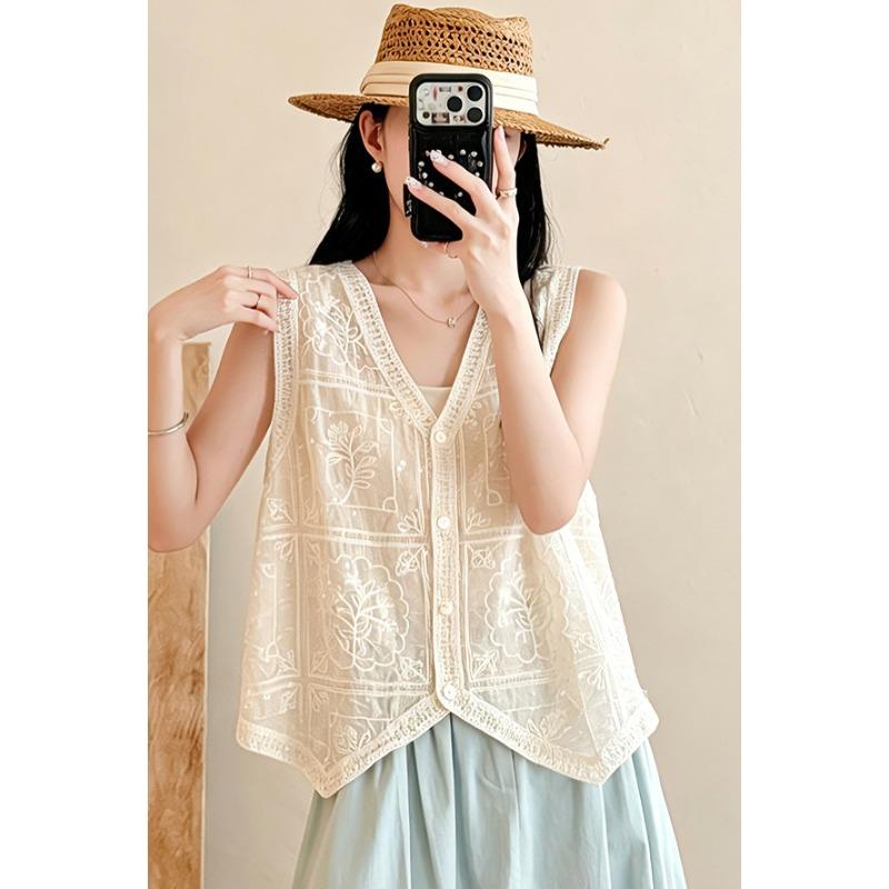DIMANAF 2026 Plus Size Summer Women Blouse Tunic Tank Loose Casual Cotton Lady Tops Tees Shirt Lace Floral Sleeveless Vest