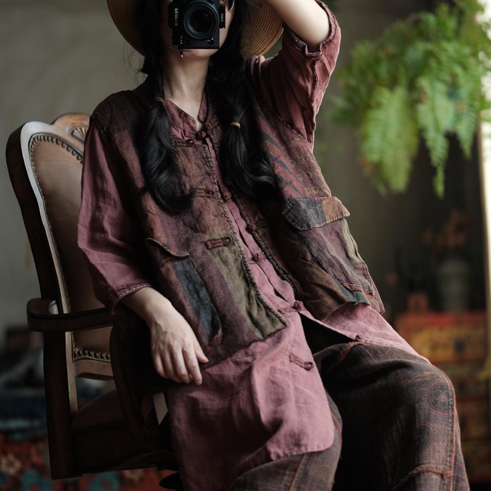 Johnature Damen Vintage Print Blumen Westen Mäntel V-Ausschnitt Ärmellos Knopf Patchwork Taschen Herbst Plus Baumwolle Westen