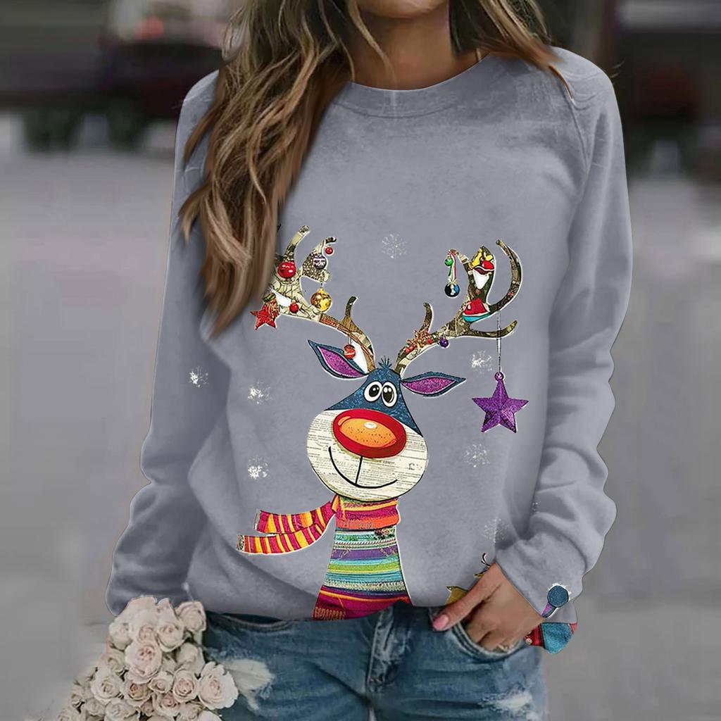 Blusa de algodón con cuello redondo para mujer, informal, con estampado de moda, manga larga, cuello redondo