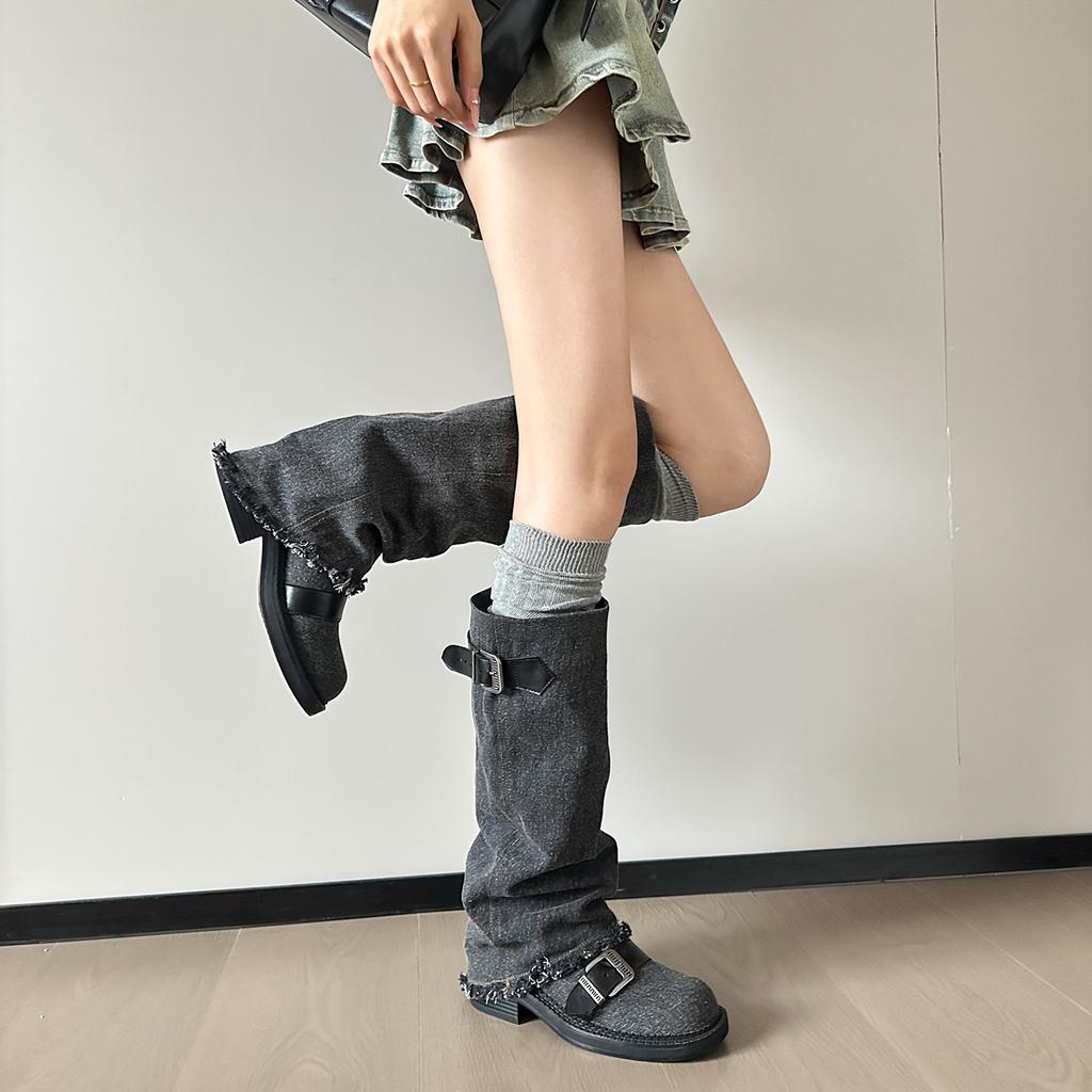 Uncle Zhou's boots, etc., autumn thick-heeled sleeve cowboy boots, women's autumn wasteland wind pile tall Maillard boots