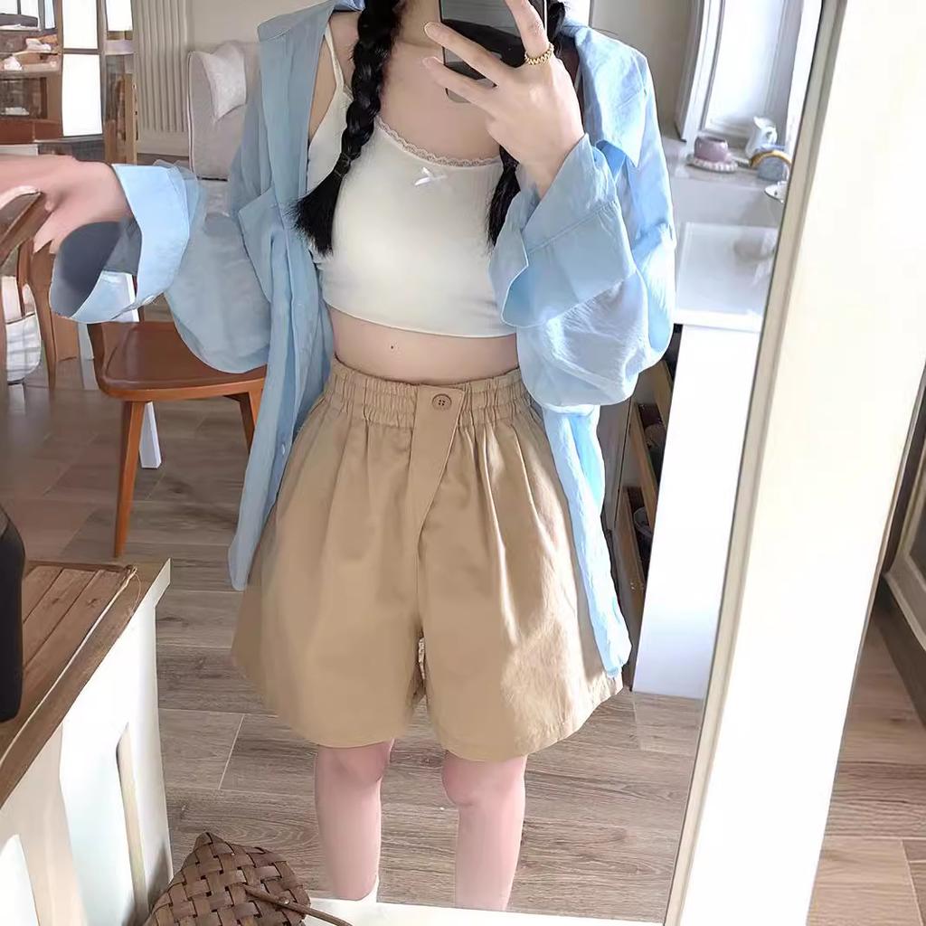 Elastic Waist Washing Pure Cotton Tooling Wide-leg Shorts Casual, Thin and Baggy