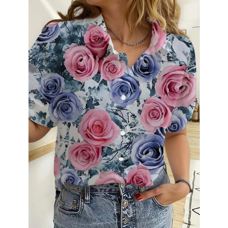 Hawaiian Womens Shirts Short Sleeve Button Floral Rose Printed Tops Casual Beach Shirts Summer New Sunflower Blouse Women's Tops
