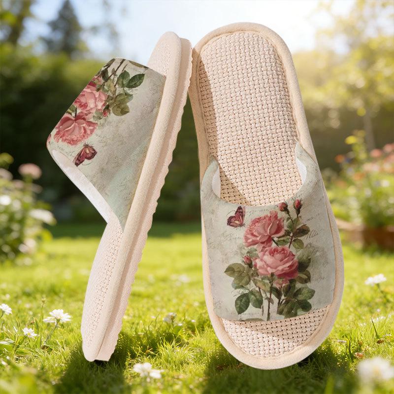 Unisex Multi-flower Pattern Linen Cotton Slippers Size 40-41
