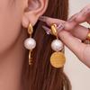 Qiong Yao Vintage Geometric Round Pendant Earrings with Beads, 18k Gold-Plated Luxurious D Letter Tassel Studs.