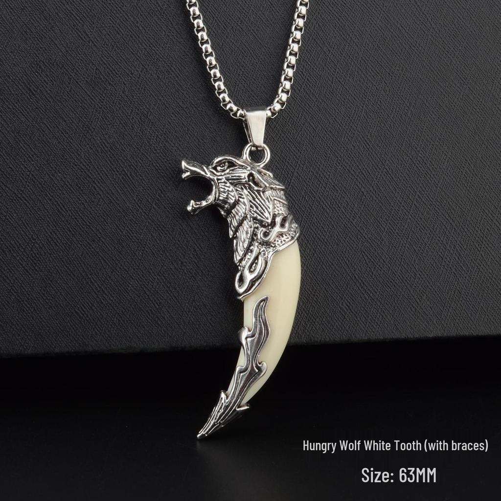 Men's Tibetan Faux Wolf Tooth Pendant Necklace, Titanium Steel Chain, Nepalese Style