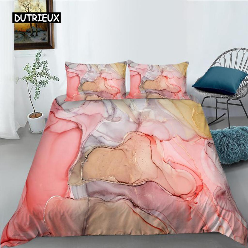 Marble Duvet Cover Set Pink Printed Queen Size Bedding Set Polyester Abstract Print Decor Golden Comforter Cover for Girls Teens