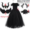 2-10Yrs Maleficent Girl Evil Queen Black Tutu Dress with Feather Scarf Halloween Villain Party Gothic Costume Gown Vestidos
