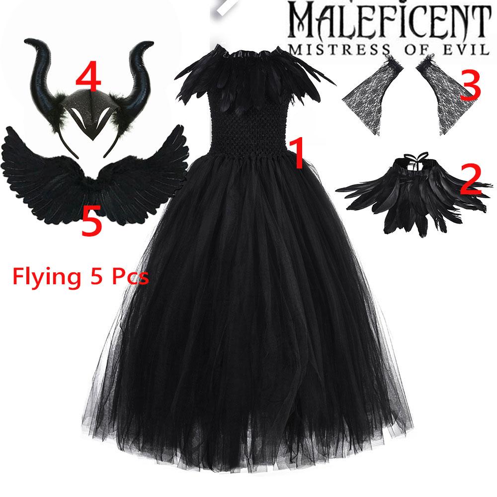 2-10Yrs Maleficent Girl Evil Queen Black Tutu Dress with Feather Scarf Halloween Villain Party Gothic Costume Gown Vestidos