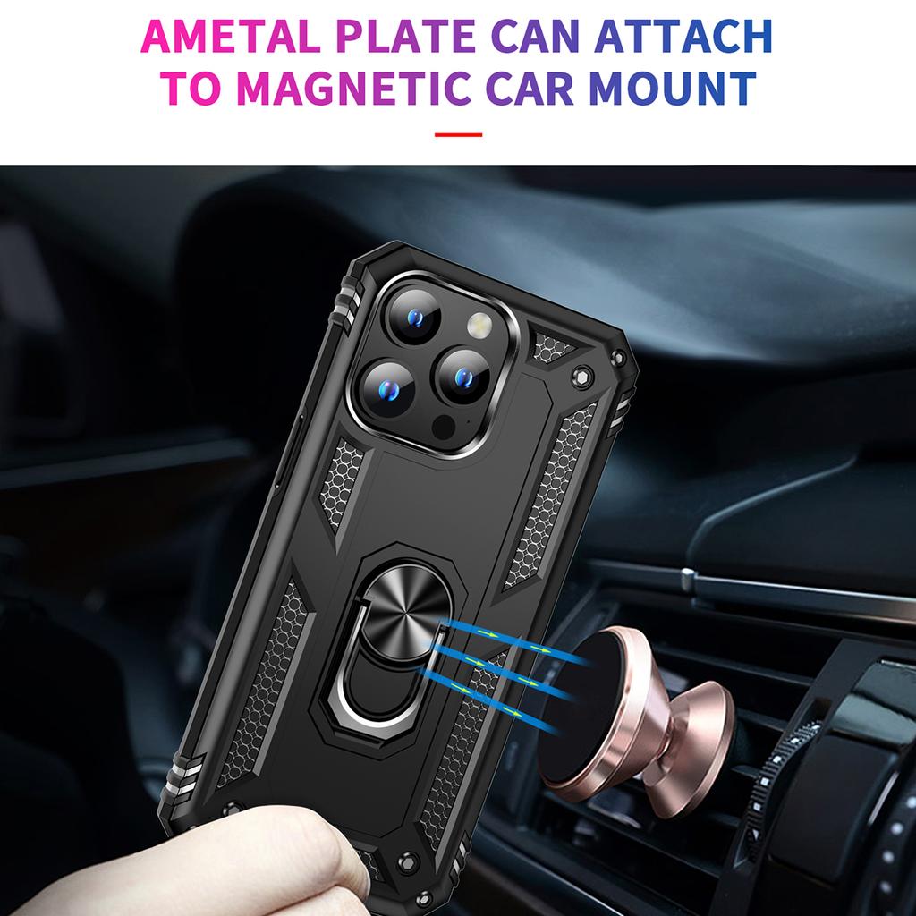 For iPhone 15 Pro Kickstand Phone Case PC+TPU Cover with Built-in Magnetic Holder Metal Sheet