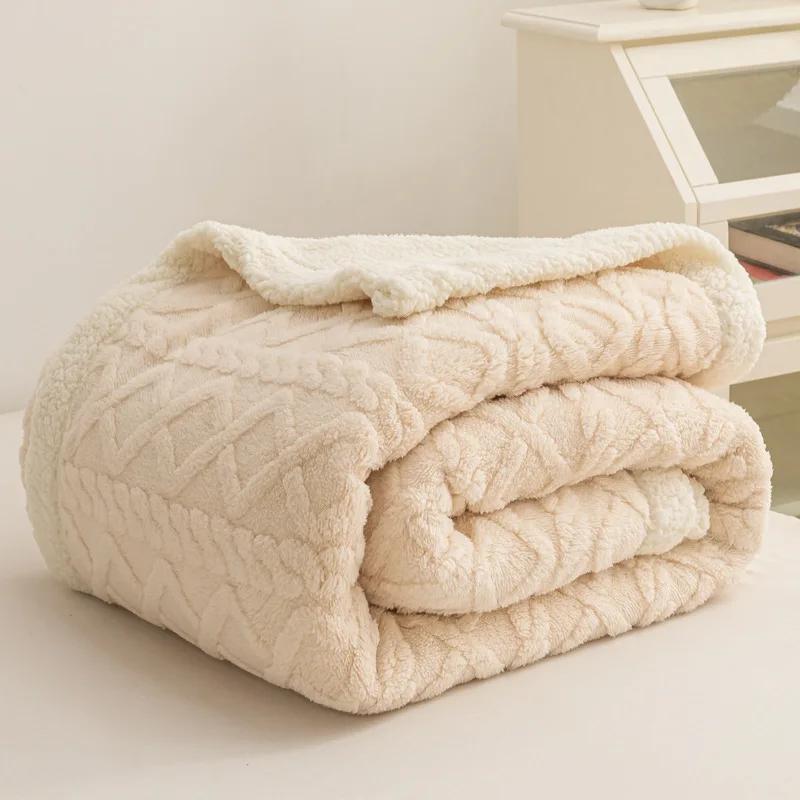 Jacquard Flannel Wool Nap Sofa Blanket Warm Breathable Sofa Blanket for Office Home Travel Soft Warm Blanket with Heat Retention