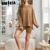 GMXIA Fashion Casual Sportswear Pajamas Women Spring and Autumn Models Solid Colour Long-sleeved Shorts Two-piece Homewear
