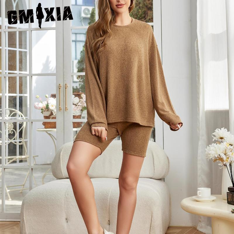 GMXIA Fashion Casual Sportswear Pajamas Women Spring and Autumn Models Solid Colour Long-sleeved Shorts Two-piece Homewear