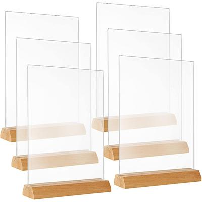 6PCS A5 Acrylic Sign Holder, A5 Acrylic Double Sided Display Stand with Wood Base, T-Shape Perspex A5 Menu Stand Sign Holder for Tables, Poster