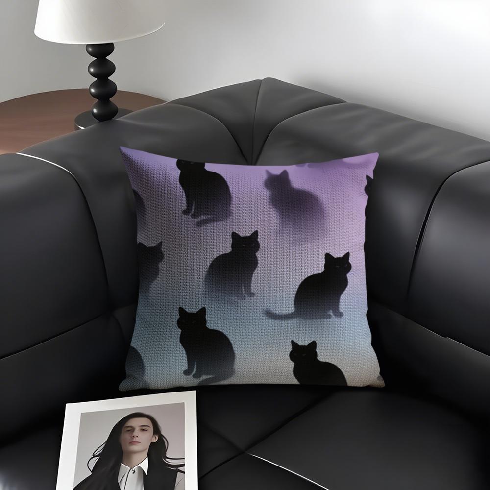 Black Cat Cushion Cover Natural Linen Organic Fabric Double-Sided Printing Sofa Home Decor Gift Pillow Case