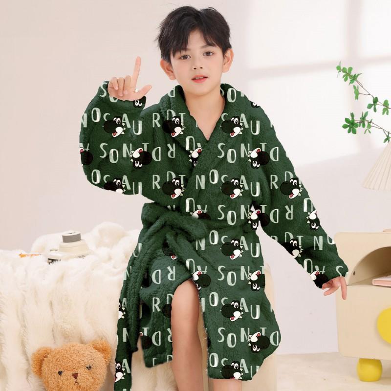 Boys Thick Flannel Robe Sleepwear Kids Ages 3-8 Coral Fleece Pajamas Bathrobe With Cartoon Print Warm Cozy Home Wear
