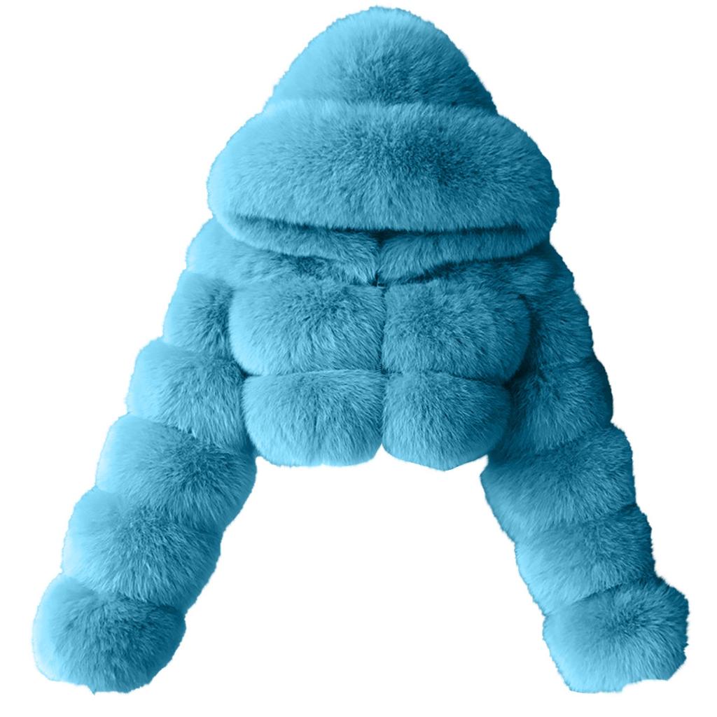 Women Short Faux Hooded Warm Furry Splicing Jacket Long  Sleeve Outerwear