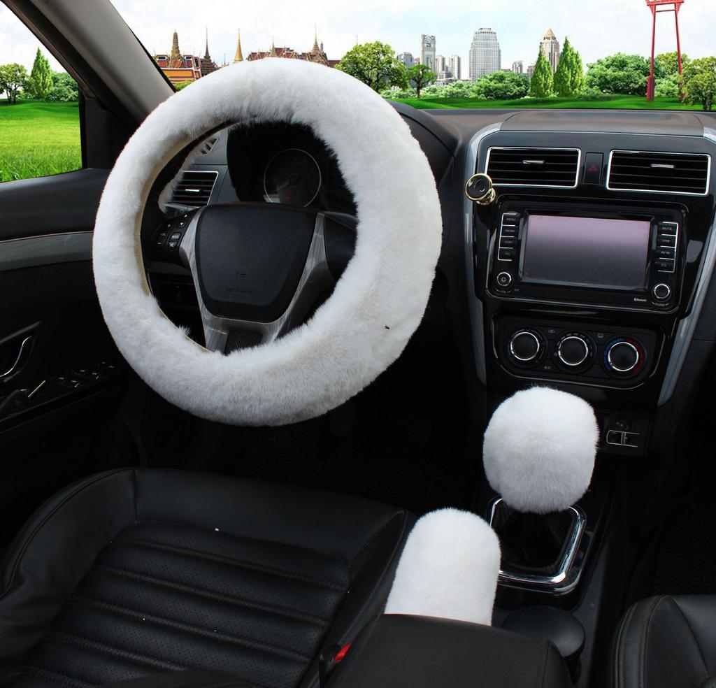 Car Steering Fur Wheel Cover Gear Shift Handbrake Cover with Winter Warm Wool Fashion for Girl Women Ladies
